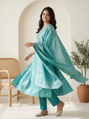 Teal Banarasi Silk Jacquard Straight Kurta Set with Woven Dupatta