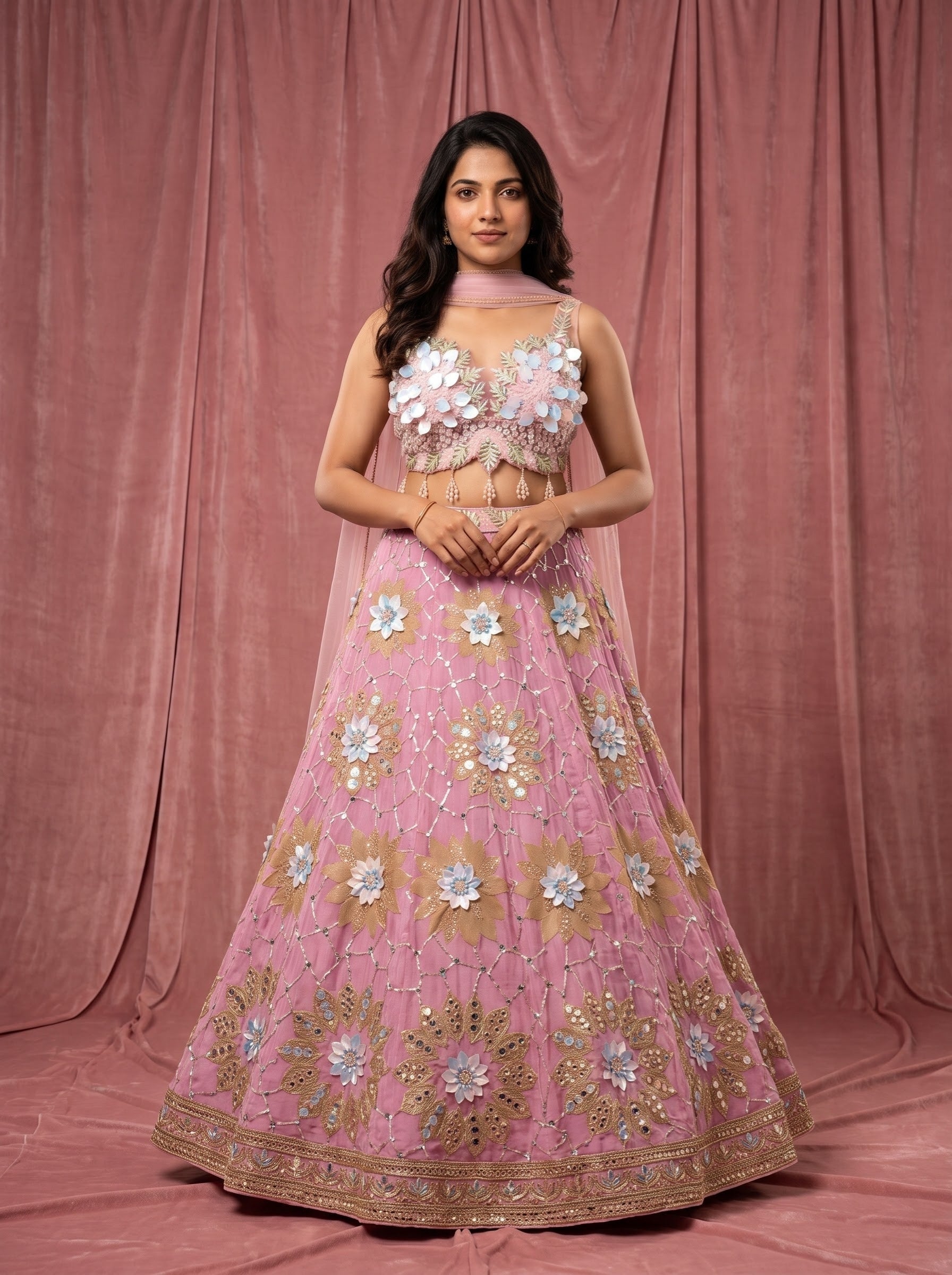 Semi Crepe Floral Appliqué Lehenga with Net Dupatta – Festive Edit