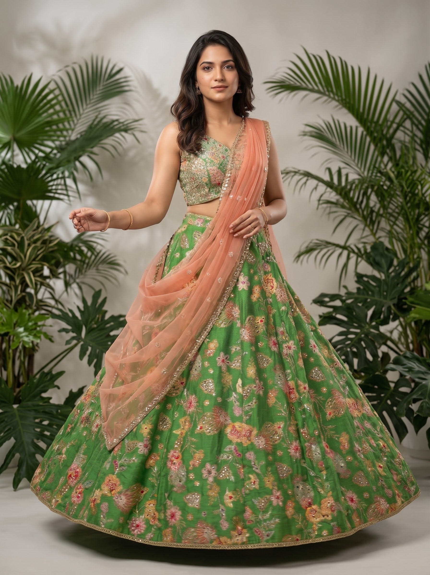 Green Raw Silk Lehenga with Mirror Work & Peach Net Dupatta