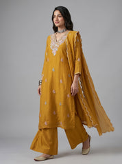 Mustard Chiffon Straight Suit with Floral Thread Embroidery