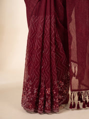 Maroon Semi-Crush Party Wear Saree with Net Pallu; Festive & Evening Wear