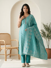 Teal Banarasi Silk Jacquard Straight Kurta Set with Woven Dupatta