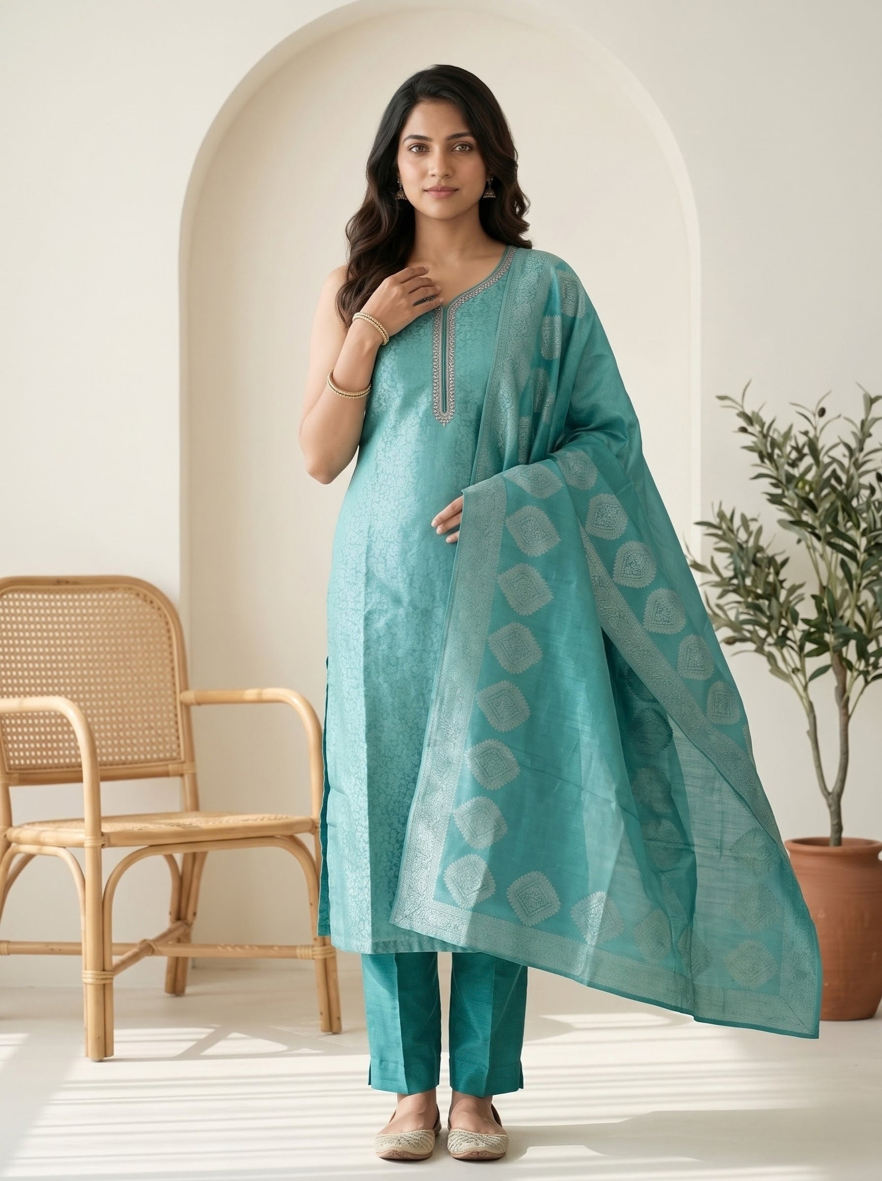Teal Banarasi Silk Jacquard Straight Kurta Set with Woven Dupatta