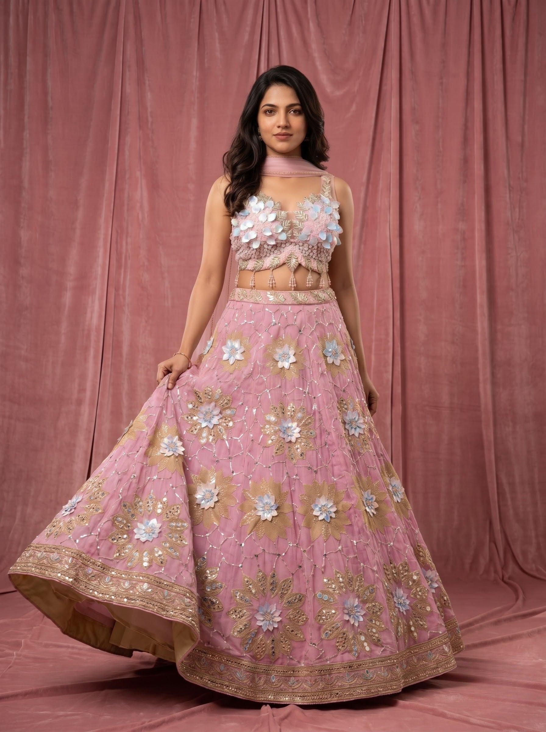 Semi Crepe Floral Appliqué Lehenga with Net Dupatta – Festive Edit
