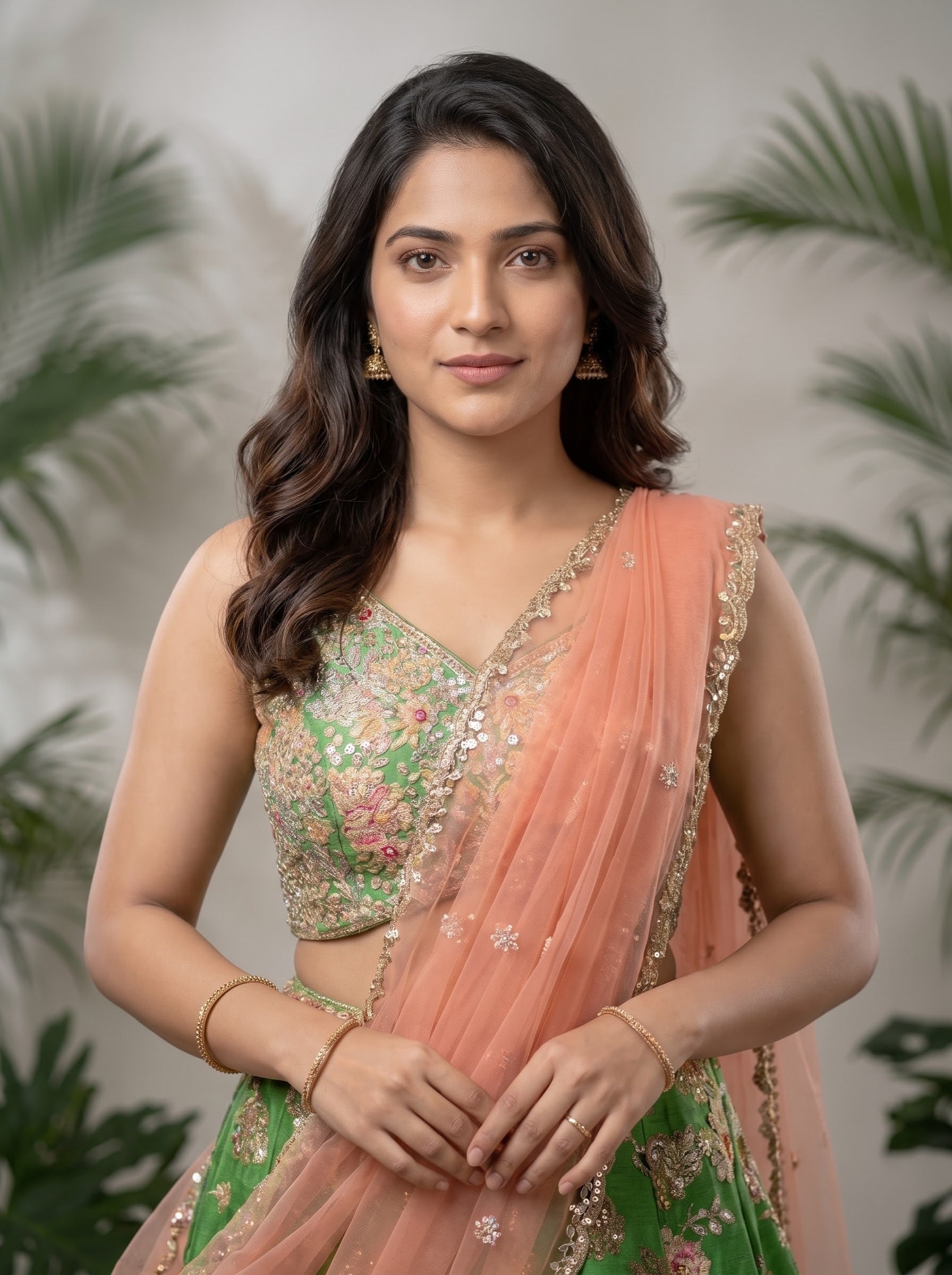 Green Raw Silk Lehenga with Mirror Work & Peach Net Dupatta