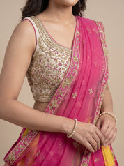 Multicolour Zari-Mirror Embellished Raw Silk Lehenga with Net Dupatta