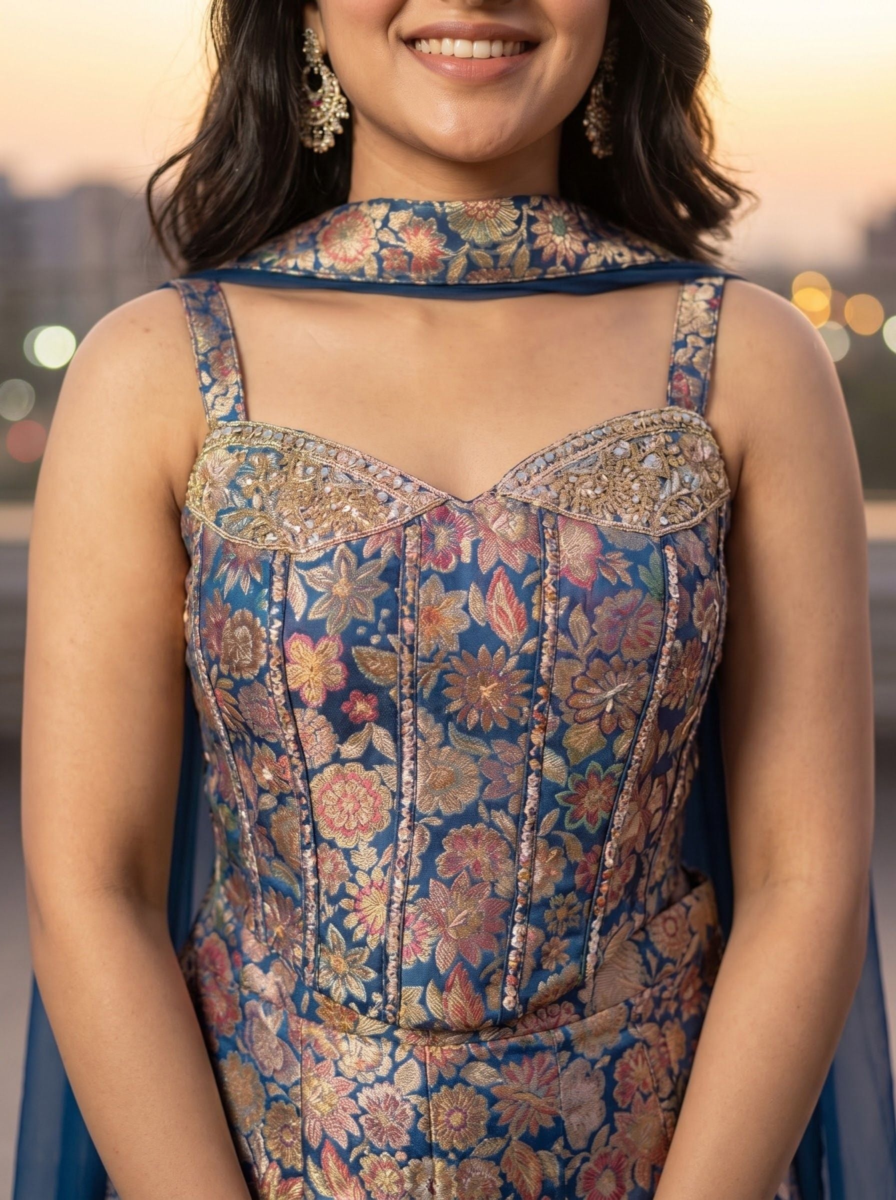 Navy Blue Brocade Banarasi Silk Indo-Western Palazzo Suit with Mirror & Kathana Work
