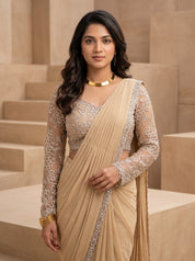 Beige Soft Crepe Saree with French Lace Blouse