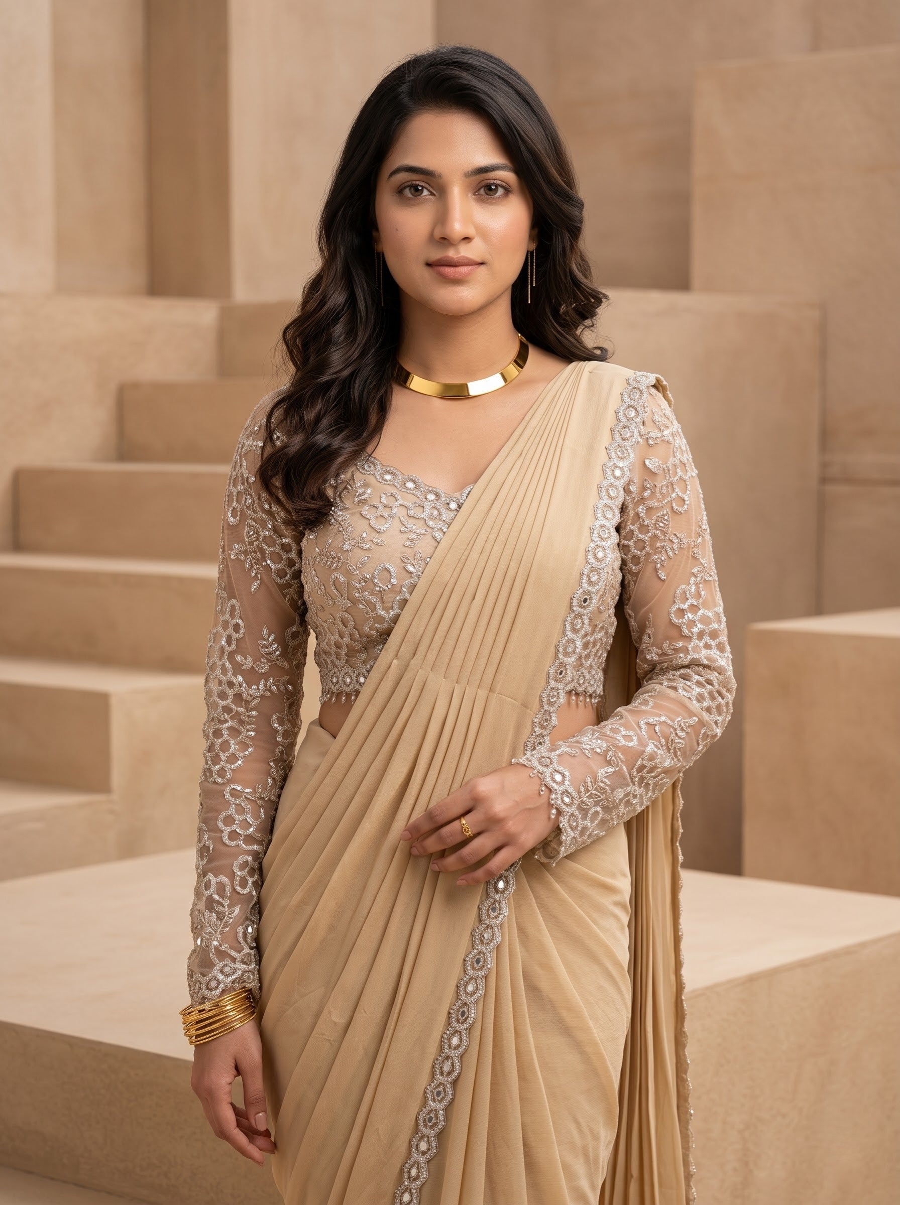 Beige Soft Crepe Saree with French Lace Blouse
