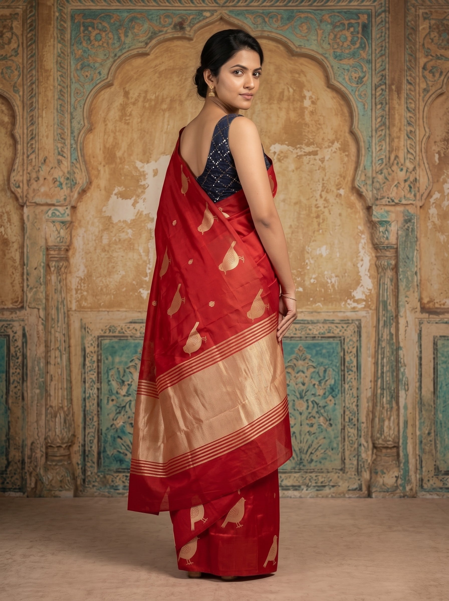Red Raw Silk Saree with Gold Zari Bird Motifs & Temple Border
