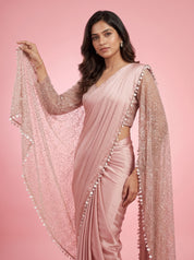 Blush Pink Pure Satin Saree with Sequin Scattered Net Pallu