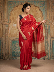 Red Raw Silk Saree with Gold Zari Bird Motifs & Temple Border