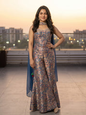 Navy Blue Brocade Banarasi Silk Indo-Western Palazzo Suit with Mirror & Kathana Work