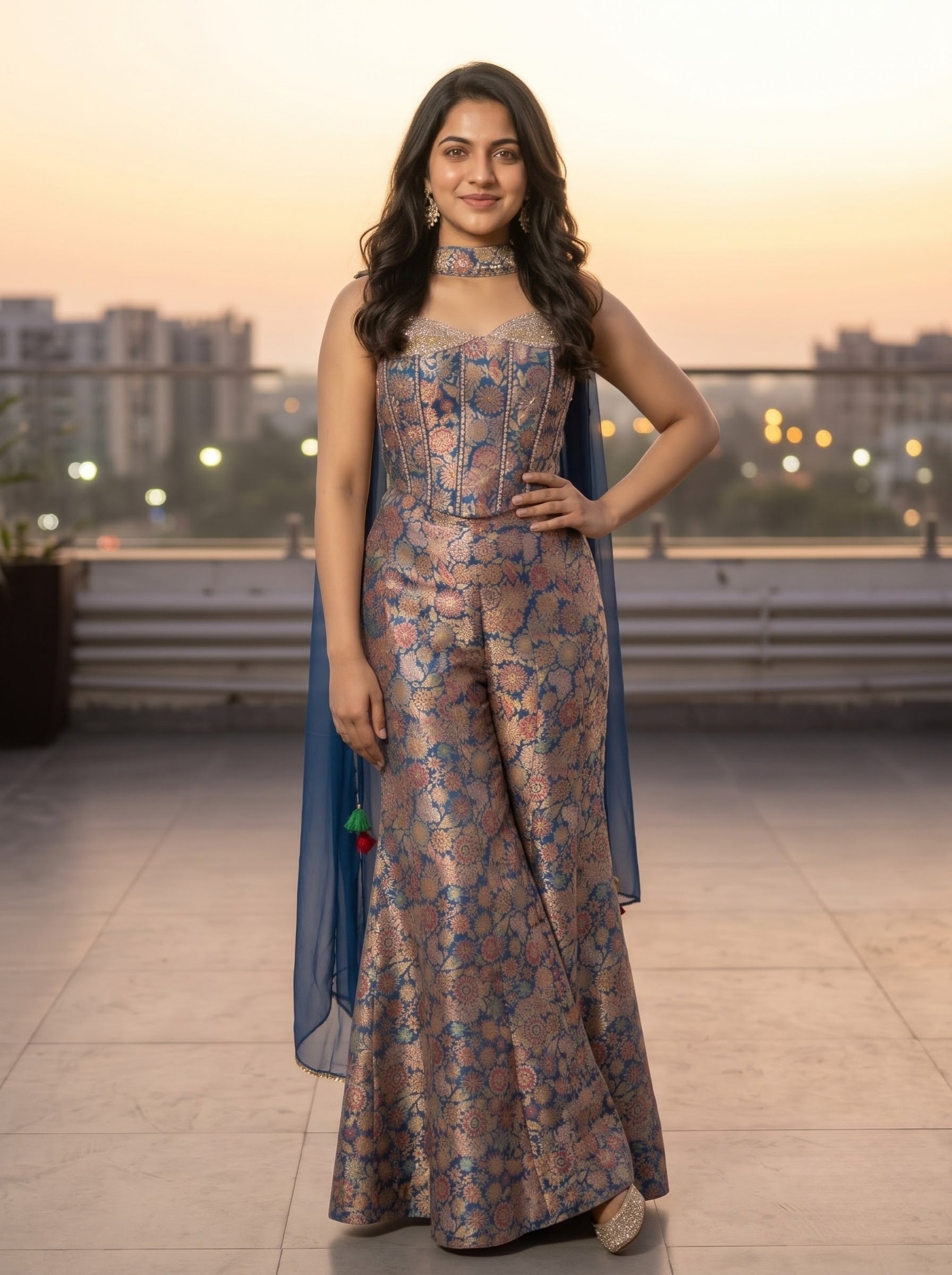 Navy Blue Brocade Banarasi Silk Indo-Western Palazzo Suit with Mirror & Kathana Work