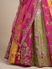 Multicolour Zari-Mirror Embellished Raw Silk Lehenga with Net Dupatta