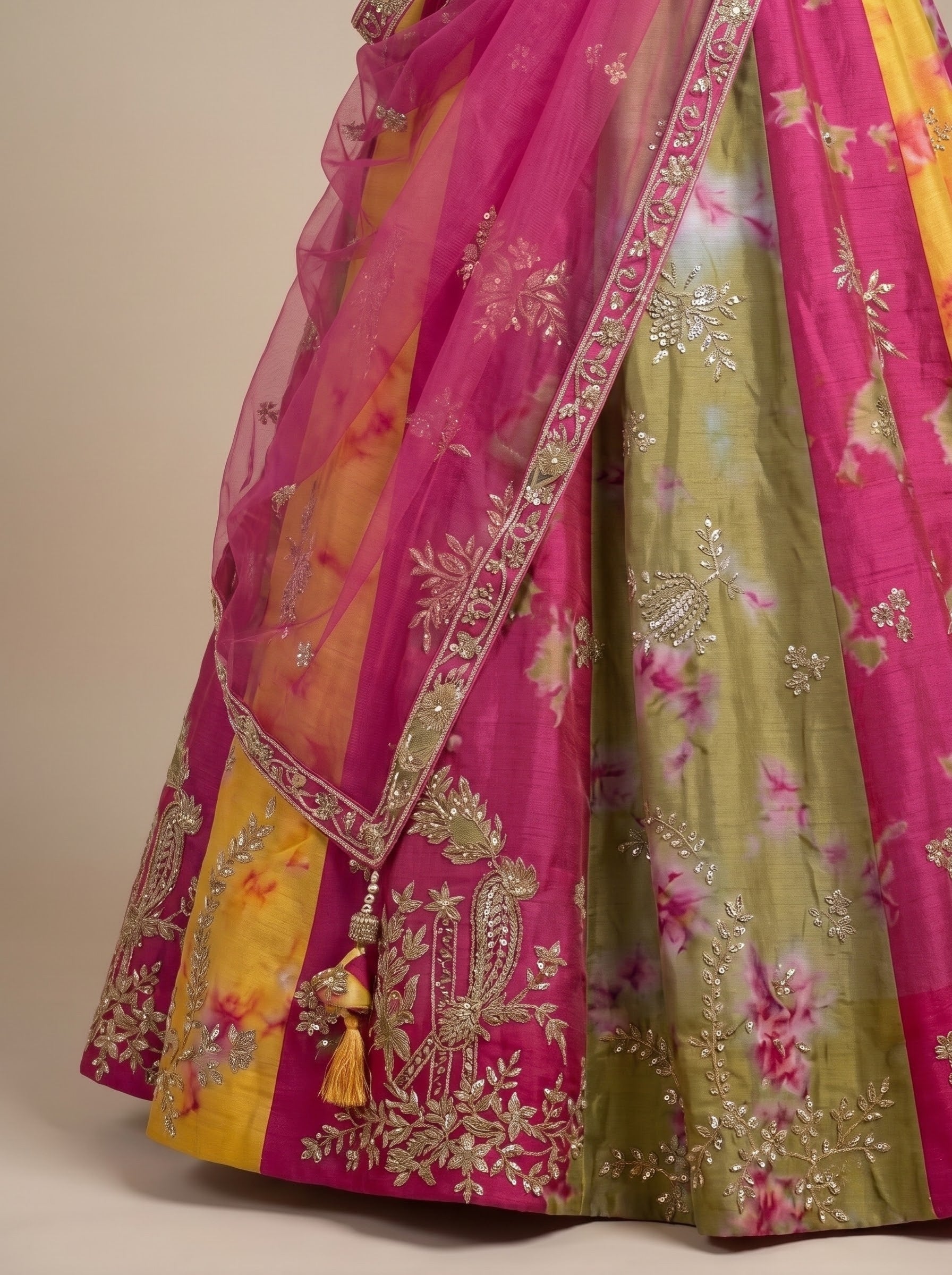 Multicolour Zari-Mirror Embellished Raw Silk Lehenga with Net Dupatta