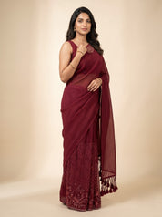 Maroon Semi-Crush Party Wear Saree with Net Pallu; Festive & Evening Wear