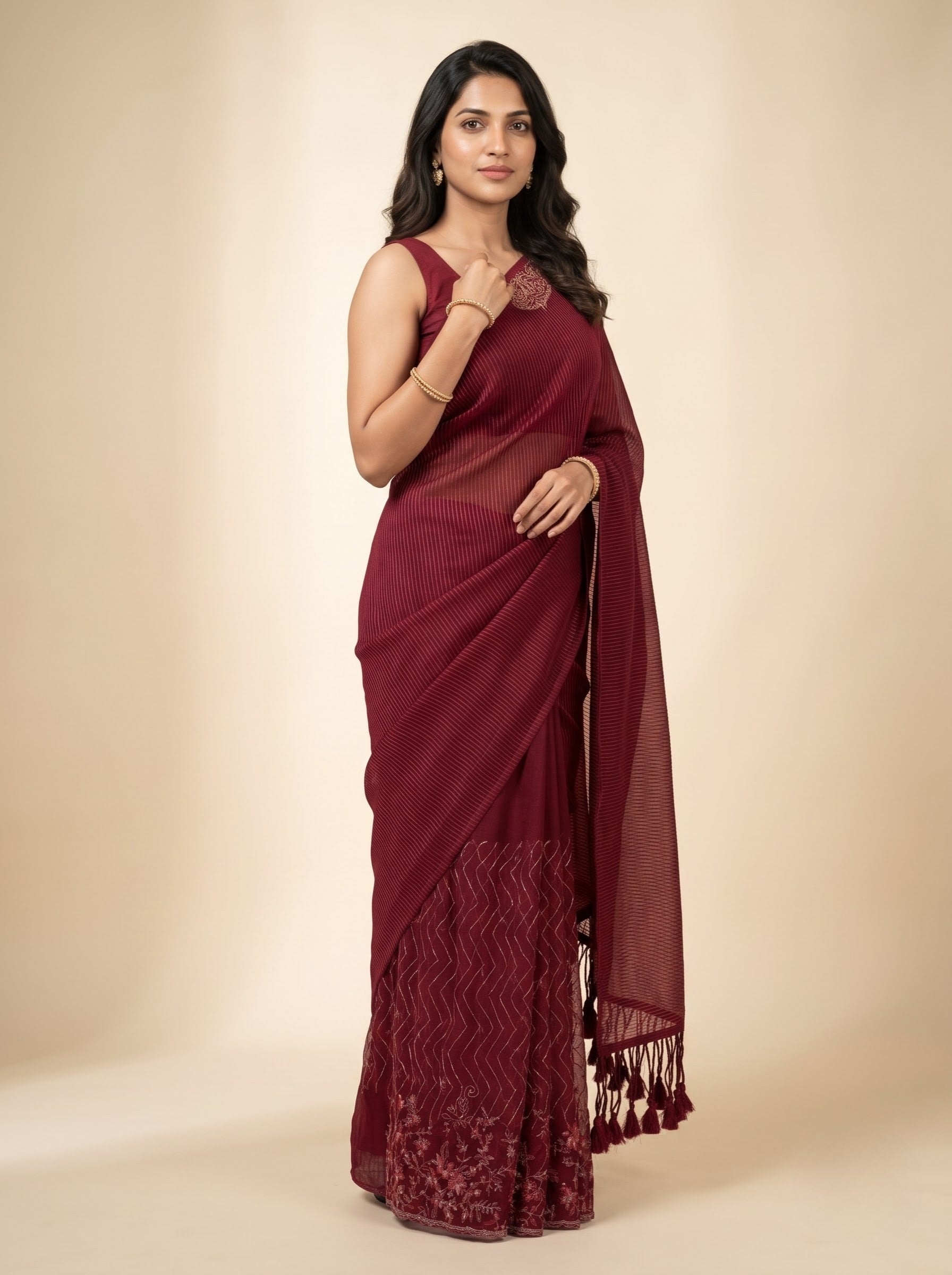 Maroon Semi-Crush Party Wear Saree with Net Pallu; Festive & Evening Wear