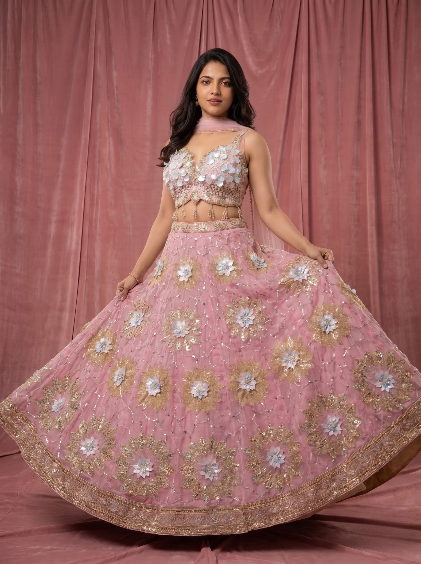 Semi Crepe Floral Appliqué Lehenga with Net Dupatta – Festive Edit