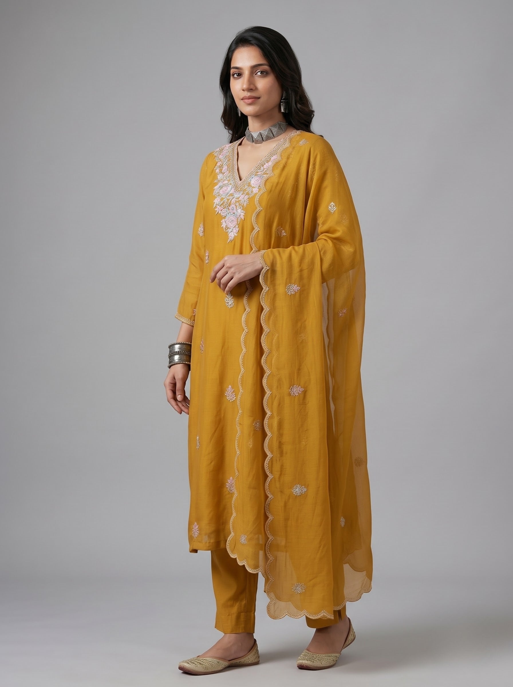 Mustard Chiffon Straight Suit with Floral Thread Embroidery