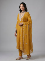 Mustard Chiffon Straight Suit with Floral Thread Embroidery