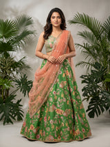 Green Raw Silk Lehenga with Mirror Work & Peach Net Dupatta