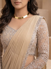 Beige Soft Crepe Saree with French Lace Blouse