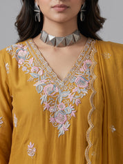 Mustard Chiffon Straight Suit with Floral Thread Embroidery