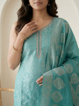 Teal Banarasi Silk Jacquard Straight Kurta Set with Woven Dupatta