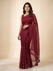 Maroon Semi-Crush Party Wear Saree with Net Pallu; Festive & Evening Wear