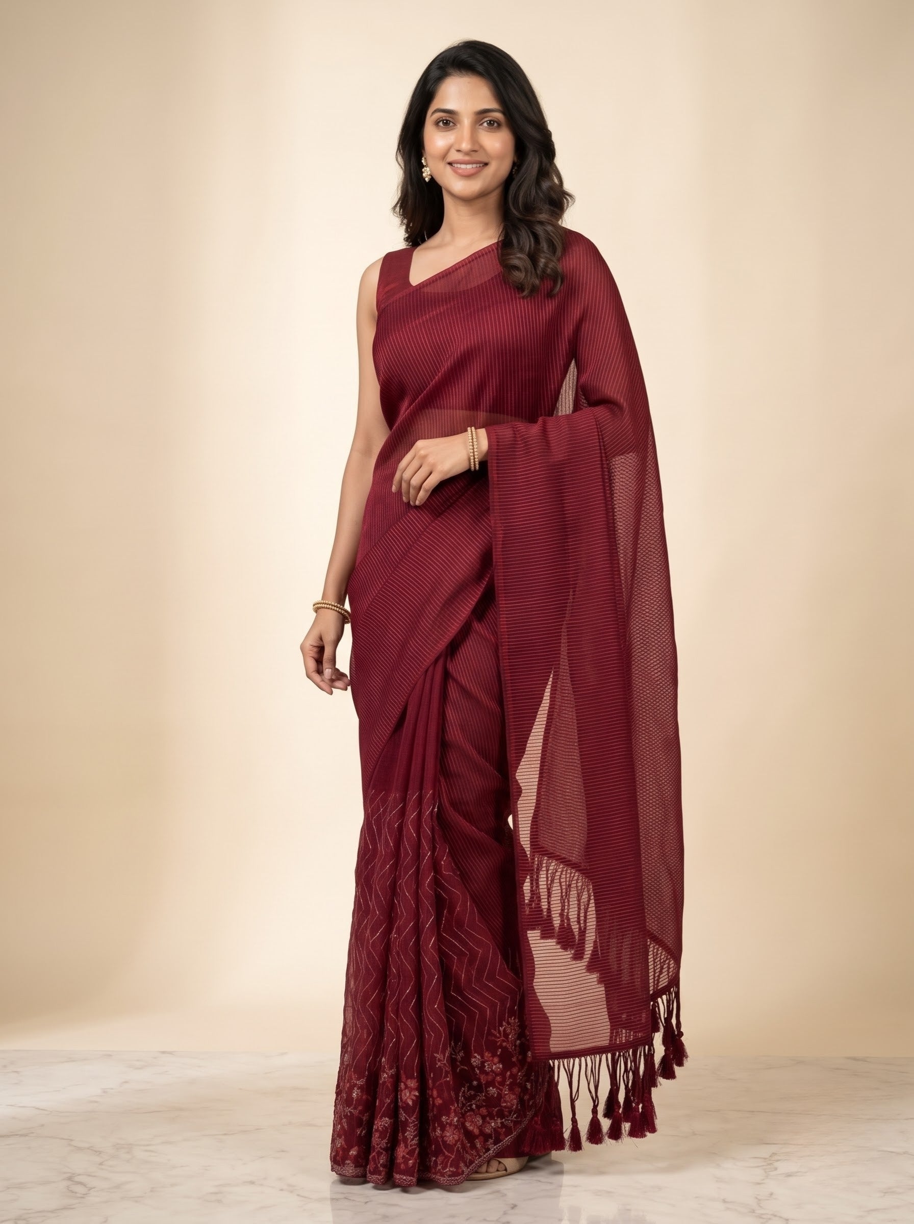 Maroon Semi-Crush Party Wear Saree with Net Pallu; Festive & Evening Wear