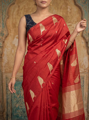 Red Raw Silk Saree with Gold Zari Bird Motifs & Temple Border