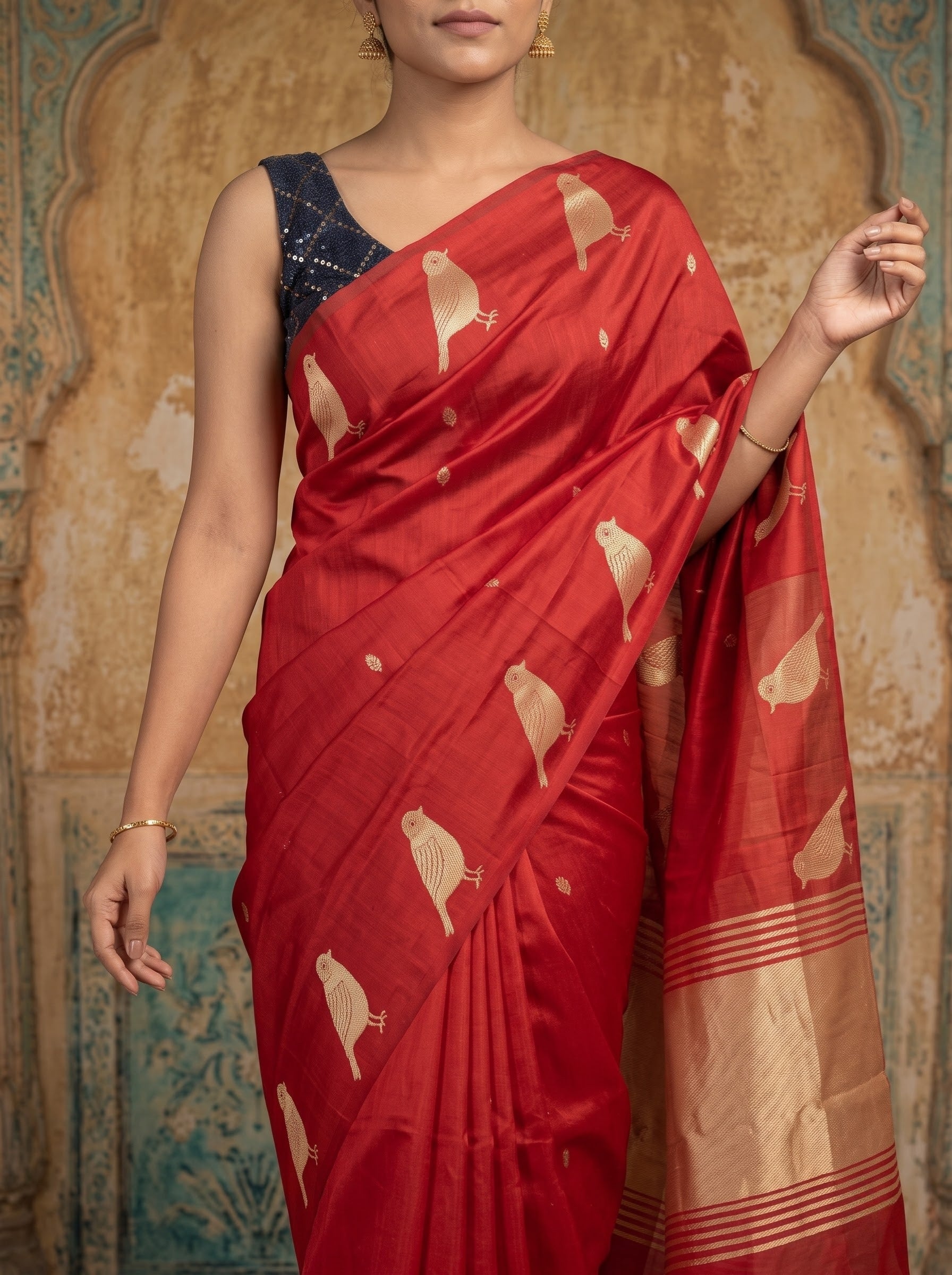 Red Raw Silk Saree with Gold Zari Bird Motifs & Temple Border