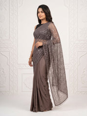 Grey Beaded Net Saree with Soft Crepe Pallu, Sequin Work