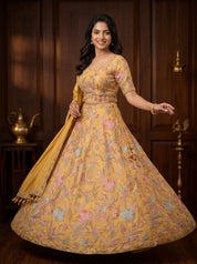 Mustard Raw Silk Bridal Lehenga with Floral Zari Embroidery