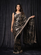 Black Georgette Saree with Gold Sequin Floral Embroidery & Pearl Border