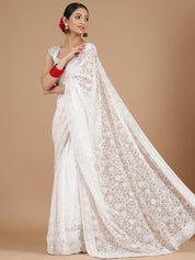 Half white net chikankari embroidered saree with unstitched blouse