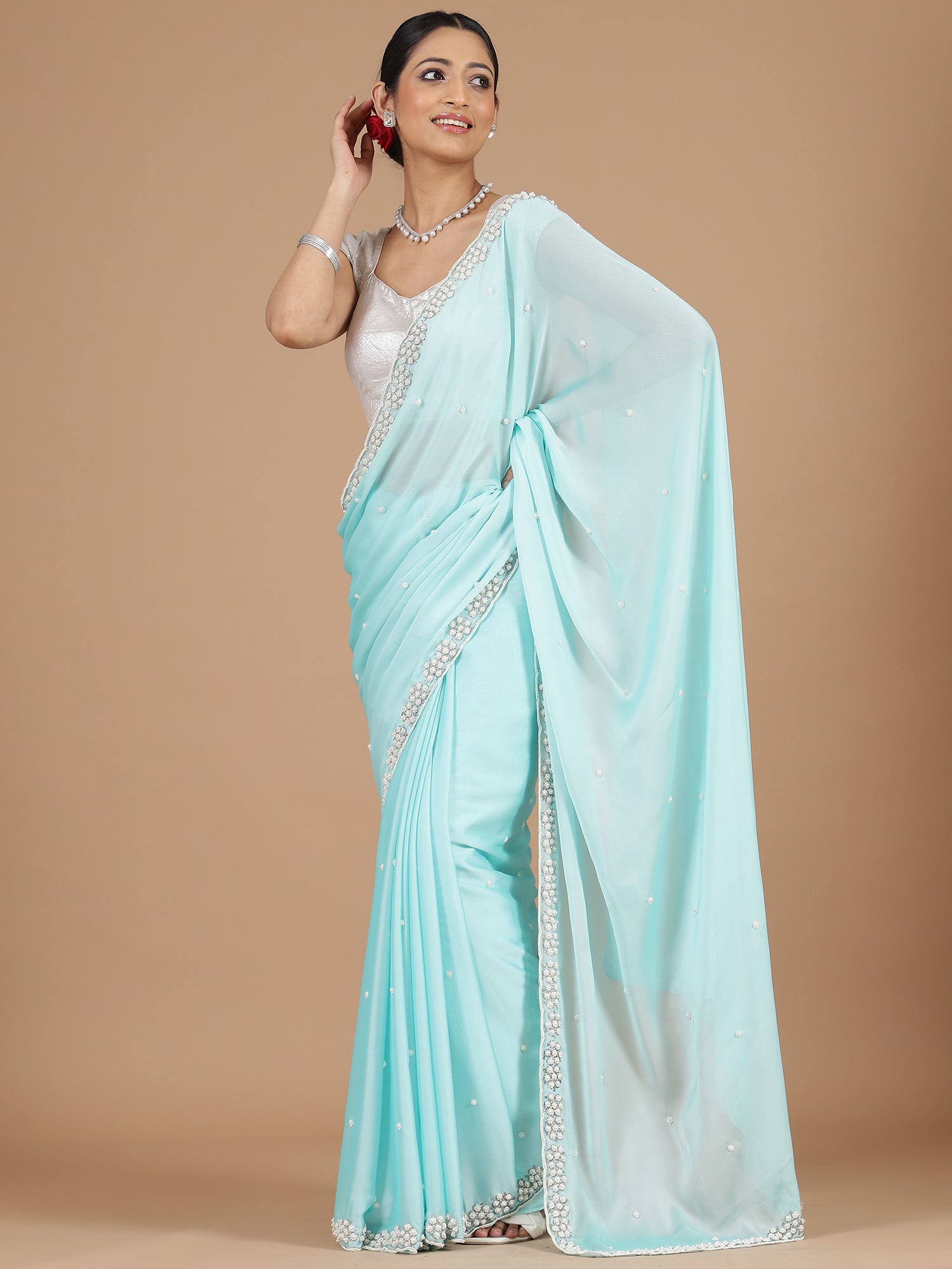 Sky Blue Georgette Saree with Scallop Edges & Pearl Embroidery