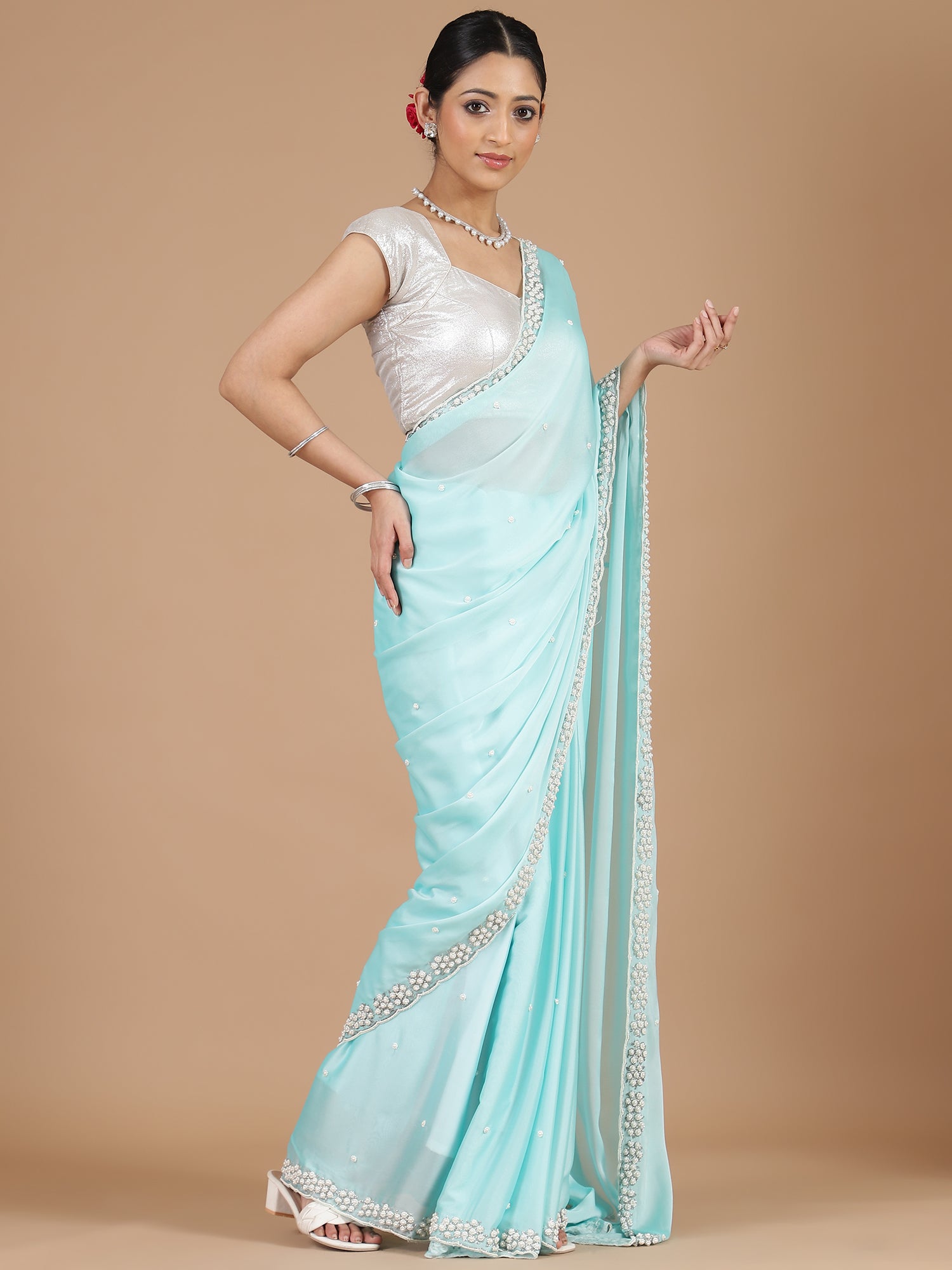 Sky Blue Georgette Saree with Scallop Edges & Pearl Embroidery