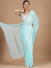 Sky Blue Georgette Saree with Scallop Edges & Pearl Embroidery