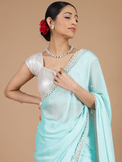 Sky Blue Georgette Saree with Scallop Edges & Pearl Embroidery