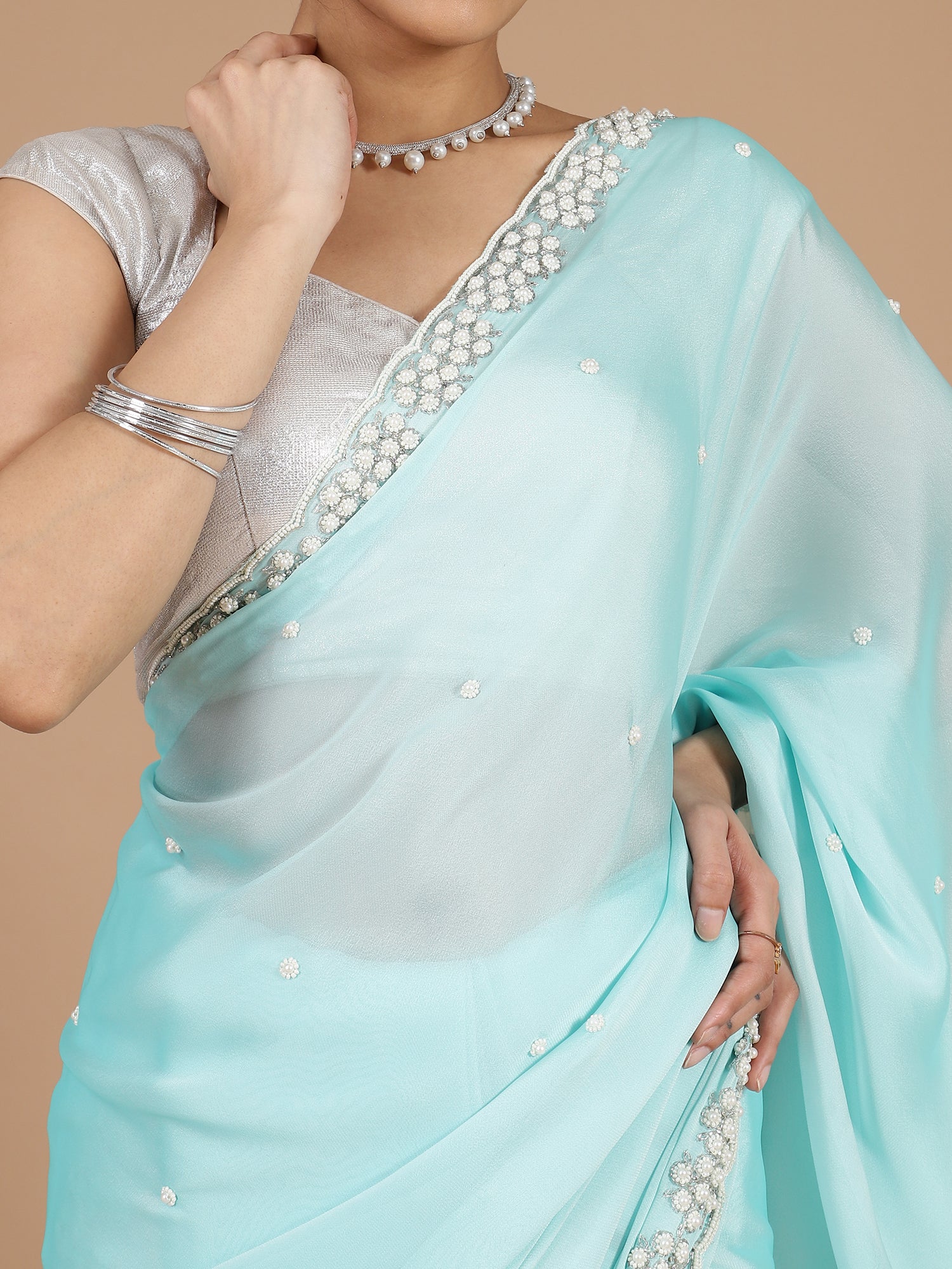 Sky Blue Georgette Saree with Scallop Edges & Pearl Embroidery