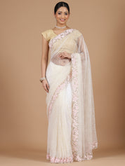 Graceful Half-White Netted Saree with Sequins Embroidery & Aari Scalloped Border