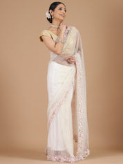 Graceful Half-White Netted Saree with Sequins Embroidery & Aari Scalloped Border