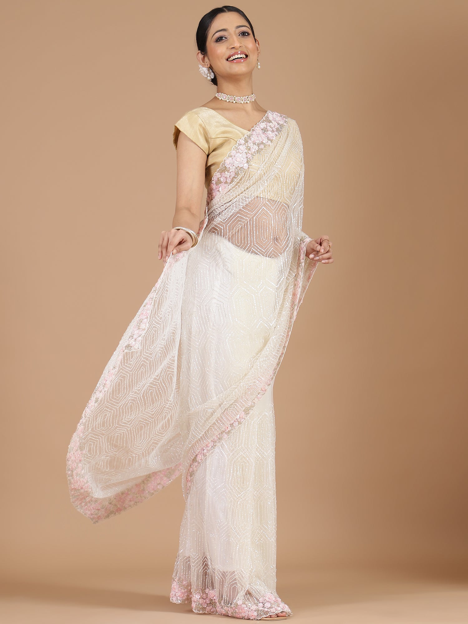 Graceful Half-White Netted Saree with Sequins Embroidery & Aari Scalloped Border