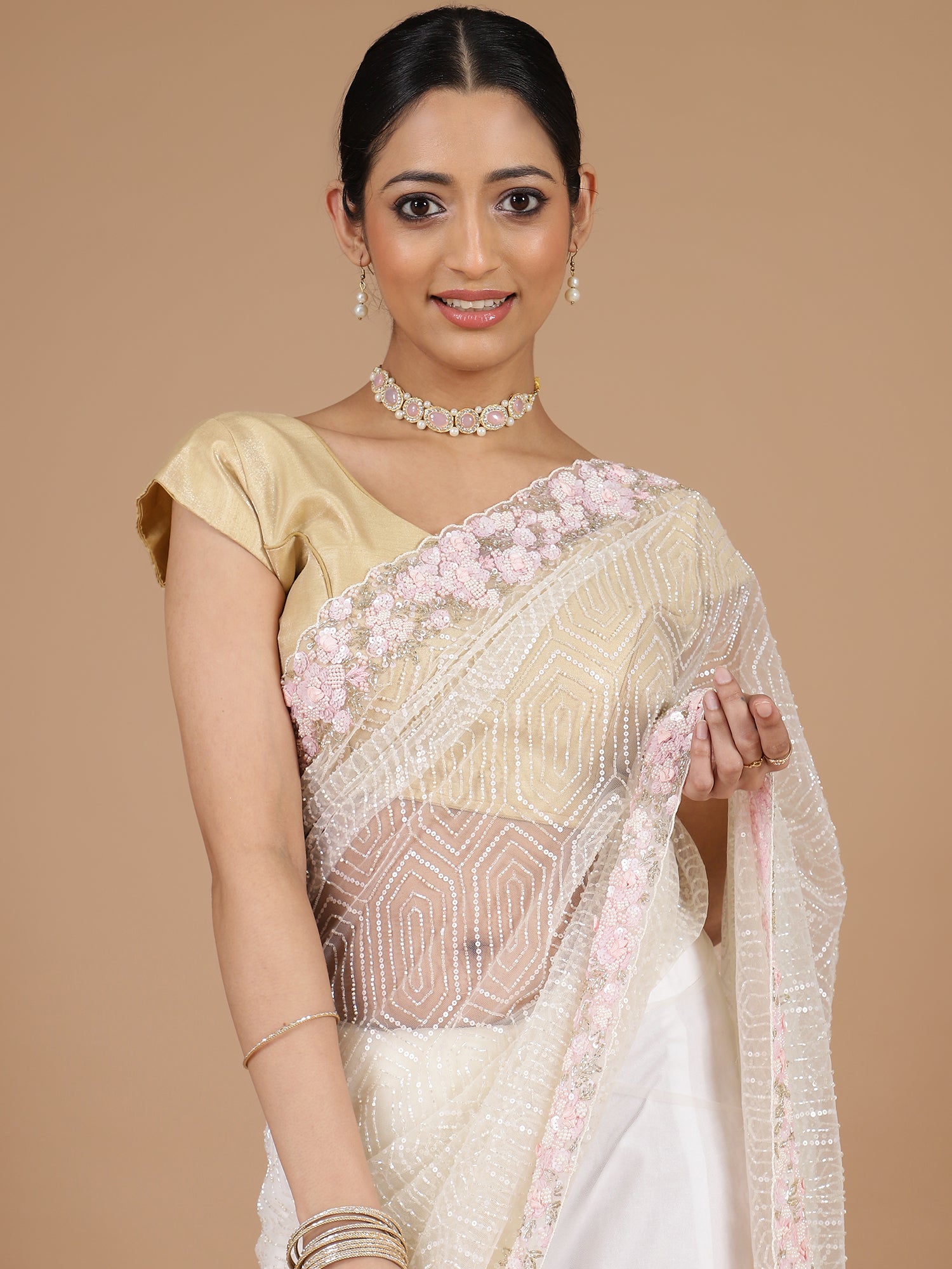 Graceful Half-White Netted Saree with Sequins Embroidery & Aari Scalloped Border