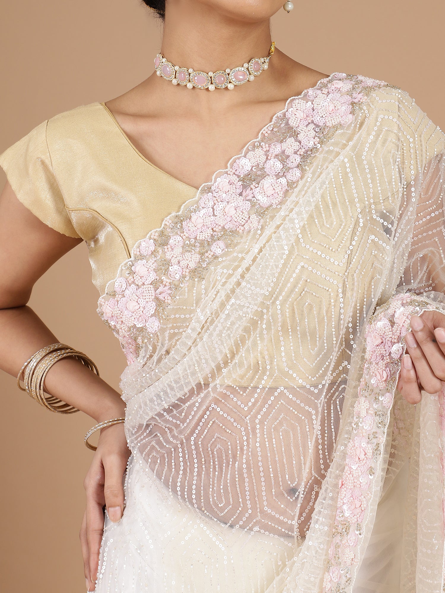 Graceful Half-White Netted Saree with Sequins Embroidery & Aari Scalloped Border