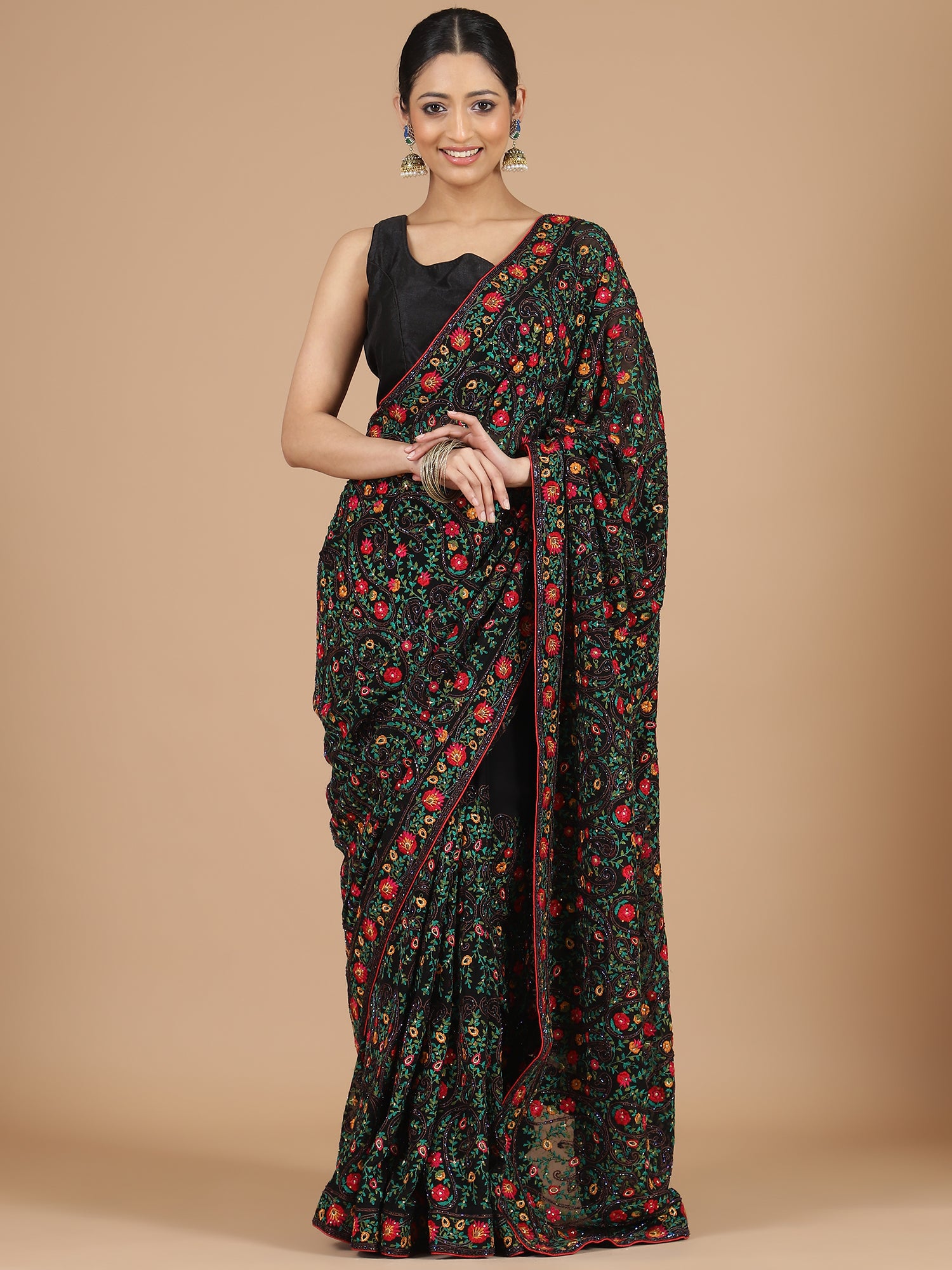 Elegant Black Lucknowi Chikankari Saree with Multicolor Embroidery & Blouse