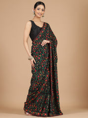 Elegant Black Lucknowi Chikankari Saree with Multicolor Embroidery & Blouse