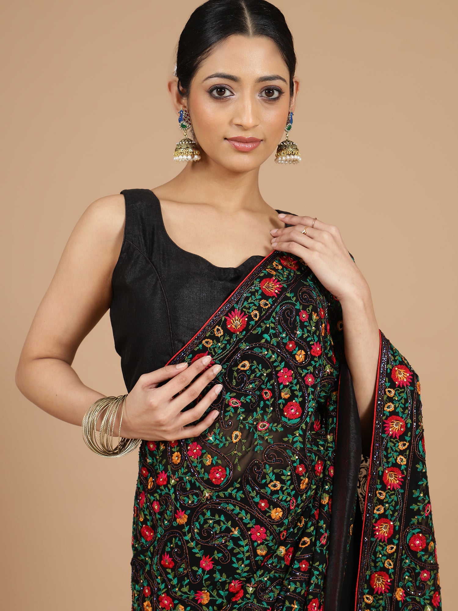 Elegant Black Lucknowi Chikankari Saree with Multicolor Embroidery & Blouse